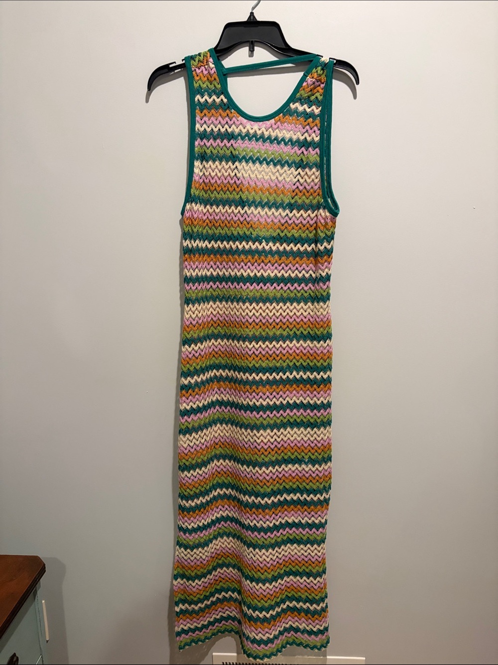 Multicolor Zigzag Knit Swim Coverup Dress with Green Trim